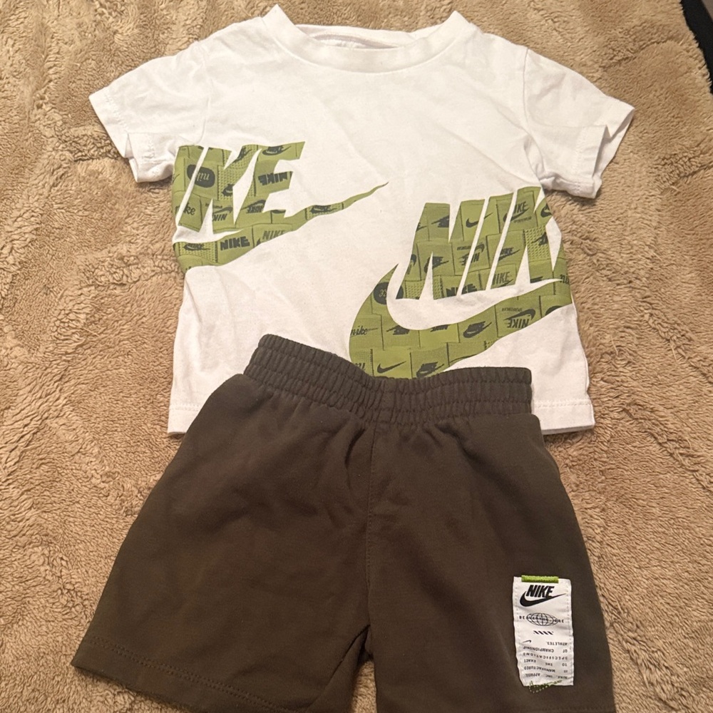 Nike White Tee with Green Logo and Olive Shorts Set
